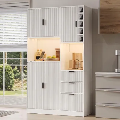 Produktbild von Flieks Küchenschrank mit Verstellbaren Einlegeböden, 3 Schubladen, Weinregal und LED-Beleuchtung, Hochschrank 105x40x180cm, Weinschrank, Weiß