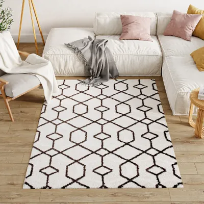 Produktbild von Teppich Wohnzimmer Schlafzimmer Modern Design Shaggy Hochflor Langflor Weich Schwarz Weiß  80 x 150 cm