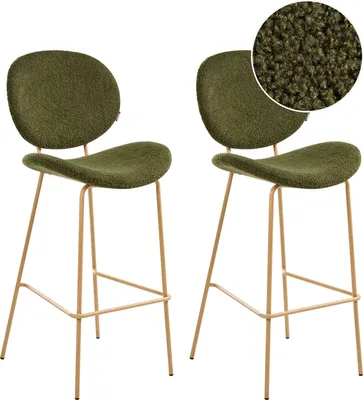 Produktbild von BELIANI Barstuhl 2er Set Dunkelgrün Bouclé mit Metallgestell in Heller Holzoptik Hoher Lehne Fußstütze Retro Stil für Esszimmer Küche Bar Wohnzimmer