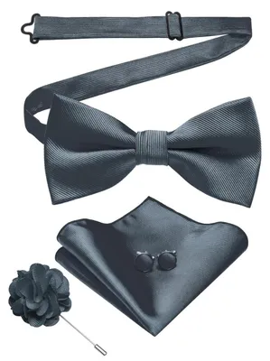 Immagine prodotto di Set da uomo per matrimoni, color grigio scuro, in tessuto twill, completo di fazzoletto da taschino, gemelli e spilla floreale
