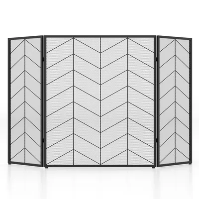 A three-panel fireplace screen with a black metal frame and a mesh screen featuring a black chevron pattern.