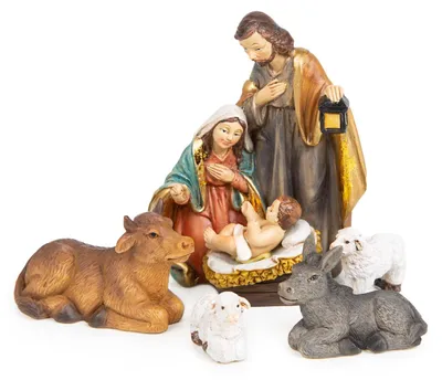 Produktbild von Krippenfiguren Set 5-TLG. Heilige Familie - Ochs, Esel & Schafe 9,5 cm