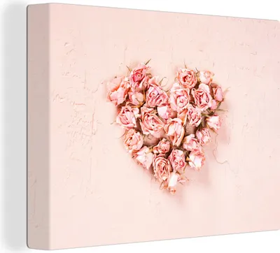 Produktbild von MuchoWow® - Leinwandbilder - Herz - Blumen - Rosa, Wandbild, Wanddeko Bilder Wohnzimmer, 80x60 cm