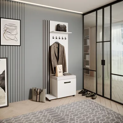 Produktbild von Garderobenschrank LIVIA - Hochschrank mit Aufhängern, Schuhschrank, Weiß, Lamellen in Schwarz, Sitzkissen in Hellbeige, Links