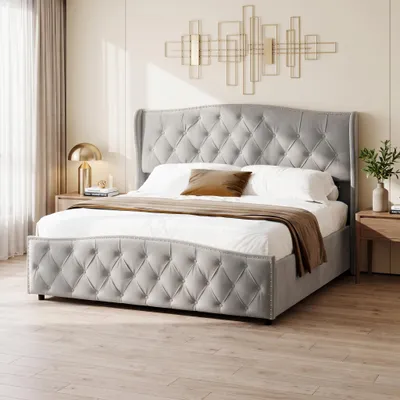 Immagine prodotto di Letto imbottito INONEFT, 140x200 cm, con rete a doghe e testiera, imbottitura con borchie, letto a molle con sistema di sollevamento idraulico e spazio contenitore, rivestito in velluto, colore grigio, senza materasso