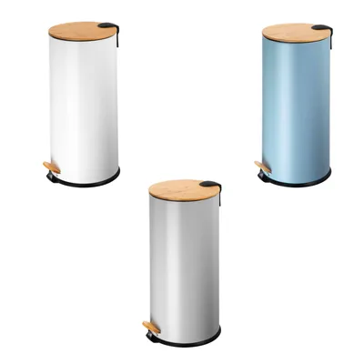 Produktbild von ECHTWERK Tretabfalleimer Skandi Look, robuster Eisenkorpus mit Bambusdeckel, Soft Close Funktion, Weiß, 30 Liter