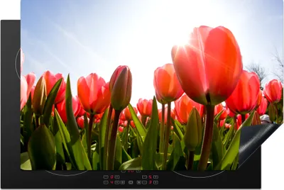 Produktbild von KitchenYeah© Herdabdeckplatte Blumen - Tulpen - Sonne , 80x52cm, Küche Deko, Glaskeramikkochfeld Herdabdeckung, Abdeckplatte fùr Kochfeld