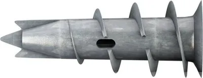 A close-up, studio shot of a metal drywall anchor on a white background.