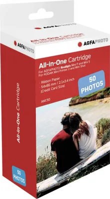 A box of AgfaPhoto All-in-One Cartridge with a scenic background of a couple by the sea.