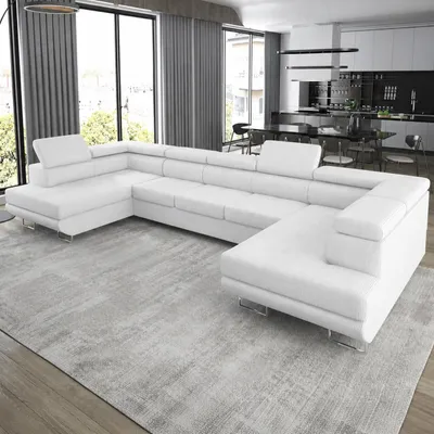 Produktbild von GOLDSTOFF ASTON U-Sofa mit Schlaffunktion und Bettkasten XXL | Ecksofa U-Form mit Komfort-Polsterung | Schlafsofa mit Stauraum (Weiß)