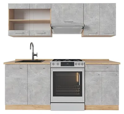 Produktbild von Küchenzeile Vicco R-Line Beton/Goldkraft Eiche 200 cm ohne Arbeitsplatte, Model 53880