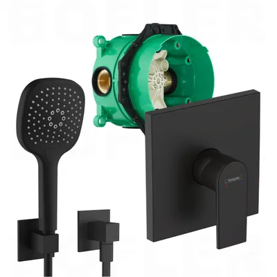 A set of bathroom fixtures including a showerhead, a shower mixer, and an in-wall valve body.