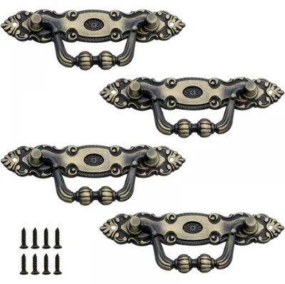 Produktbild von Set aus 4 antiken Schubladengriffen aus Zinkbronze, Vintage-Möbelgriffen, dekorativen Vintage-Türgriffen mit Schrauben