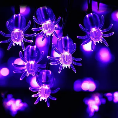 A close-up shot of purple spider-shaped Halloween lights against a dark, blurred background.