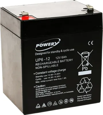 A black rechargeable battery with labels and symbols.