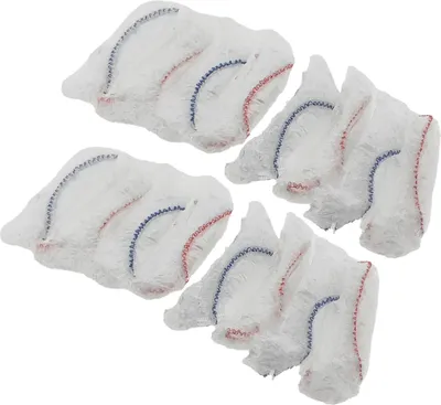 A group of white bowl covers with red and blue stitching.