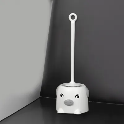 Image de Ensemble de brosses de toilette à poils souples avec manche allongé, style bande dessinée, nettoyeur de toilettes avec base pour la salle de bain, blanc
