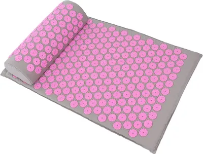 Image de Tapis de yoga pour acupuncture et massage, coussin de massage par acupression 68 x 42 cm (gris clair, boucle rose)