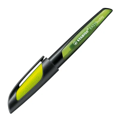 Zdjęcie produktu dla Szkolne pióro wieczne ze stalówką dla początkujących A - STABILO EASYbuddy w kolorze czarnym/limonkowym - kolor pisania niebieski (wymazywalny) - pióro pojedyncze - nabój w zestawie