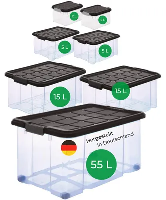 Produktbild von Novaliv 7 tlg Sparset Aufbewahrungsboxen mit Deckel Anthrazit 1x55 L + 2x 15L + 2x 5L + 2x 2L Nestbar stapelbar Clipverschluss Rollboxen BPA-frei