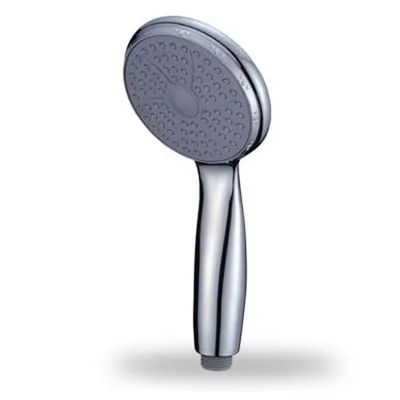 A silver and gray hand shower head is shown against a white background.
