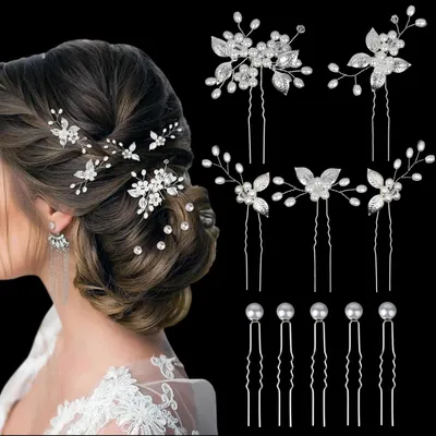 Produktbild von 10 Stück Haarschmuck Hochzeit Silber, Haarschmuck Braut Mit Perlen und Blume,U-förmig Haarnadeln Für Bräute Brautjungfern Blumenmädchen Damen