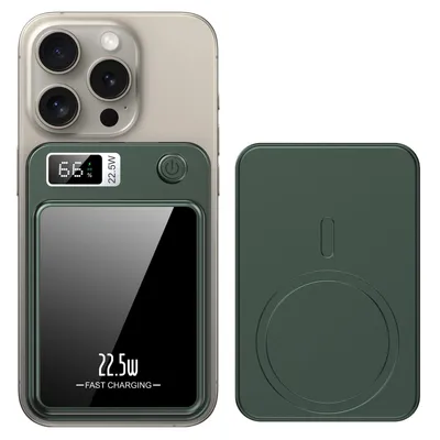 A smartphone with a magnetic wireless power bank attached, and the power bank itself shown separately.