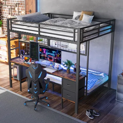 Obrázek produktu pro MODFU Patrová postel 90x200 & 140x200, dětská postel, dětská postel s zásuvkami a psacím stolem, patrová postel s LED lištou a USB připojením, bez matrace, černá