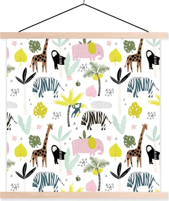 Produktbild von MuchoWow® Textilposter Dschungel - Elefant - Affe 120x120 cm mit holzfarbenen Rahmen - Textil-Poster