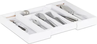 Produktbild von Relaxdays Besteckkasten Schublade, ausziehbar, variable Breite, 5 bis 7 Fächer, Bambus Organizer, HBT: 5x48x33,5cm, weiß
