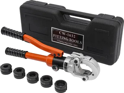Produktbild von Manuelle hydraulische Crimp- und Presszange - CW-1632 - 360° drehbarer Kopf - 5 Matrizensätze - V-förmige Matrize - Orange