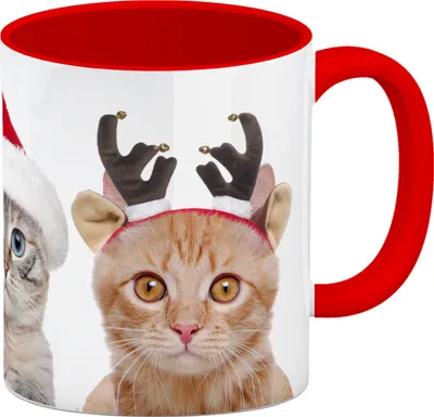 Produktbild von Katzen Tasse Kaffeebecher mit Weihnachtsmotiv Kaffeebecher Rot