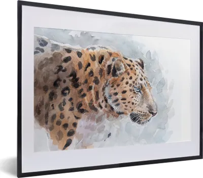 Produktbild von MuchoWow® Gerahmtes Poster Leopard - Aquarell - Blau 40x30 cm - Poster mit Schwarzem Bilderrahmen Wandposter Rahmen Foto Bilder - Bilderrahmen - Poster im Rahmen