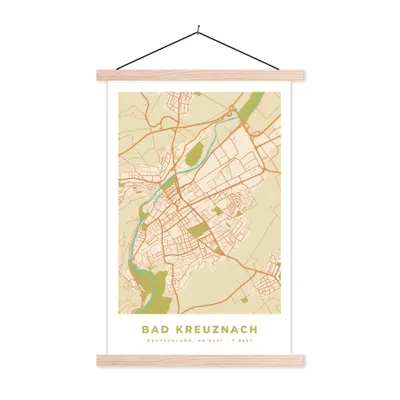 Produktbild von MuchoWow® Textilposter Karte - Vintage - Stadtplan - Bad Kreuznach - Karte 120x180 cm mit holzfarbenen Rahmen - Textil-Plakat