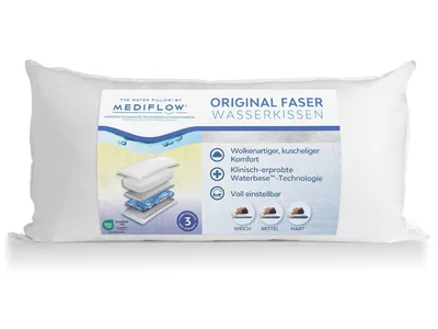 A white pillow with a product label on it, presented on a white background.