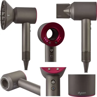 A collage of different views of a Dyson Supersonic hair dryer and its accessories.