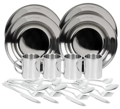 Produktbild von Campinggeschirr Set mit tiefen Edelstahltellern, Thermobechern & Lunch-Besteck für 4 Personen