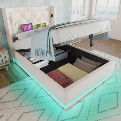 Obrázok produktu pre Flieks čalúnená posteľ 90x200cm s USB a Type-C, jednolôžková posteľ pre mladých s LED, hydraulická úložná posteľ box spring s lamelovým rámom, Imitácia kože, biela