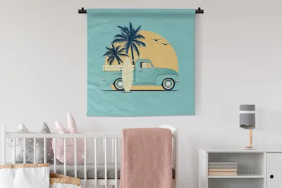 Produktbild von MuchoWow® Wandteppich Wandbehang Auto - Sonne - Surfbrett - Zeichnung 90x90 cm Tapisserie Dekoration Wandtuch - Wandaufhänger