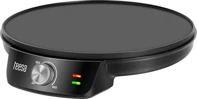 A black electric crepe maker with a silver dial and indicator lights is shown against a white background.