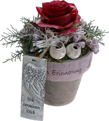 Produktbild von Grabschmuck Tontopf mit Wachsrose erika, wetterfest CreaFlor Home