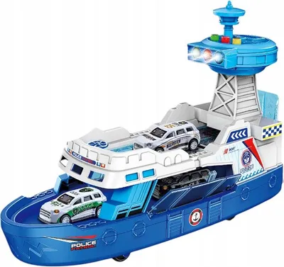 A toy police ship with two police cars on its deck and inside its cargo hold.