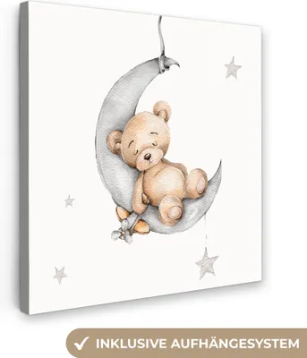 Produktbild von MuchoWow® - Leinwandbilder - Bär - Mond - Sterne - Kinder, Wandbild, Wanddeko Bilder Wohnzimmer, 90x90 cm