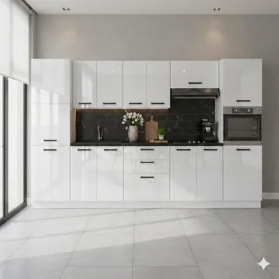 Produktbild von ULWEHOME | Küchenzeile 320 cm Weiß Hochglanz, Küchenmöbel-Set mit Backofenschrank, Vorratsschrank & geteilten Arbeitsplatten 120 cm