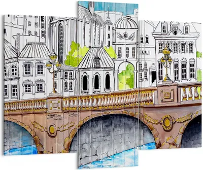 Produktbild von Bild auf Leinwand - Leinwandbild - Frankreich brücke zeichnung - 130x100cm - Wand Bild - Wanddeko - Leinwanddruck - Bilder - Kunstdruck - Wanddekoration - Leinwand bilder - Wandkunst - CB130x100-2826