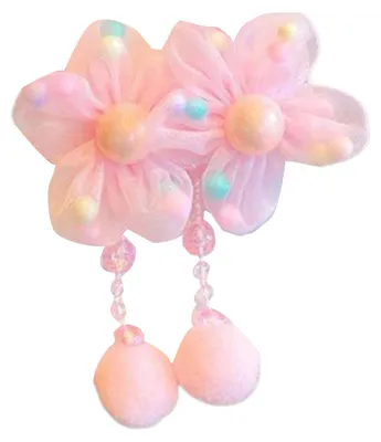 Produktbild von Haargummi aus weichem Organza in Blumenform mit Plüschquasten und Imitationsperlen, hochelastisches Haargummi für Haarknoten, Haaraccessoires E