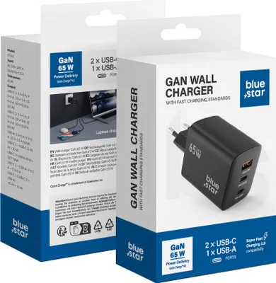 Zdjęcie produktu dla Ładowarka sieciowa BLUE STAR GaN 4A 65W 2 x Typ C + USB A PD QC4.0 VT-43 czarny