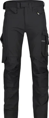 A pair of black work pants shown front-on against a white background.
