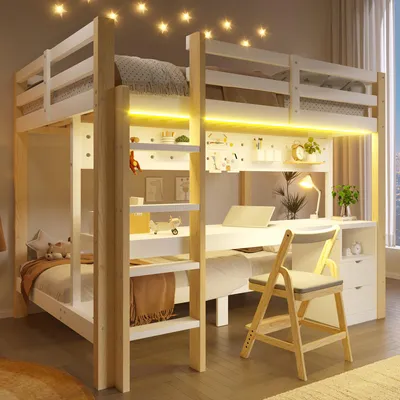 Produktbild von Premium Hochbett 140x200 & 90x200 cm Kiefernholz - Etagenbett mit Schreibtisch, Stauraum-Schubladen, Lochwand & LED-Beleuchtung - Platzsparendes Schlafsystem