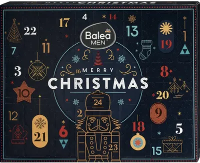 A dark blue advent calendar with Christmas-themed illustrations and numbers.